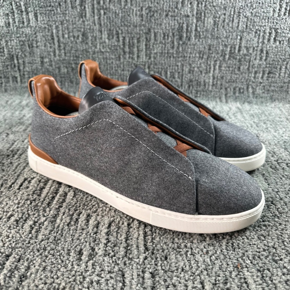 Zegna Sneakers Mens 12 Triple Stitch Gray Wool Leather Trim S5005Z Luxury Italy